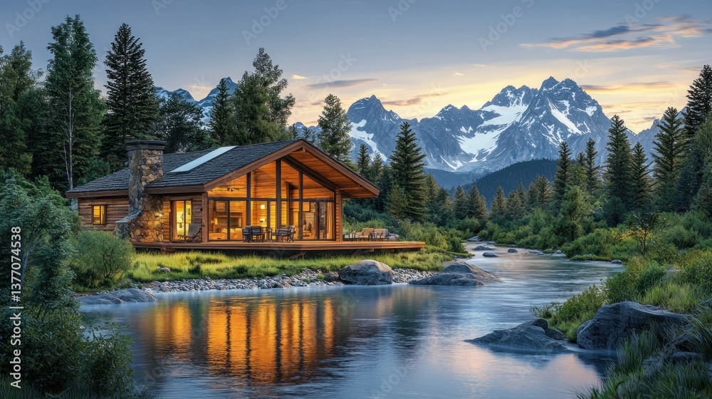 Fototapeta premium Mountain Cabin by River at Dusk