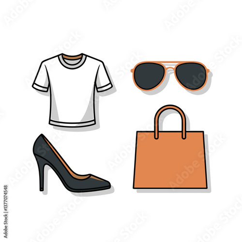 Fashionable Essentials: Stylish T-shirt, Aviator Sunglasses, Chic Heel, and Trendy Shopping Bag Illustration