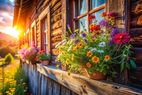 Wildflower Meadow Architectural Detail: Rustic Farmhouse & Blooming Flowers