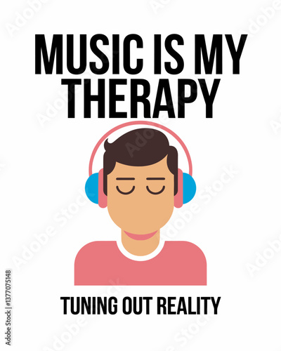 Music Therapy Concept: Man with Headphones Tuning Out Reality for Relaxation and Mental Well-being, Vector Illustration