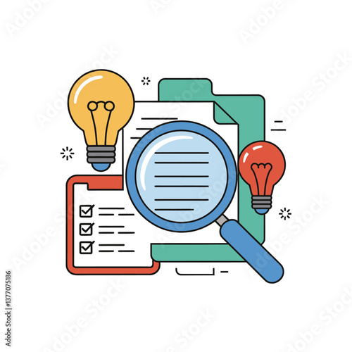 Creative Idea Checklist with Magnifying Glass and Light Bulbs for Analysis and Planning, Concept of Data Review