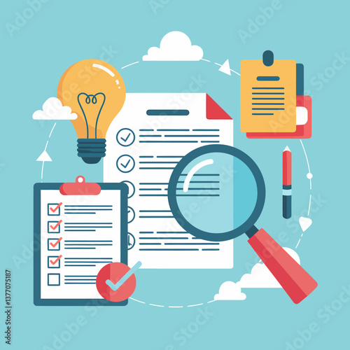 Creative checklist illustration for project review, task management and business strategy, highlighting innovation and planning processes