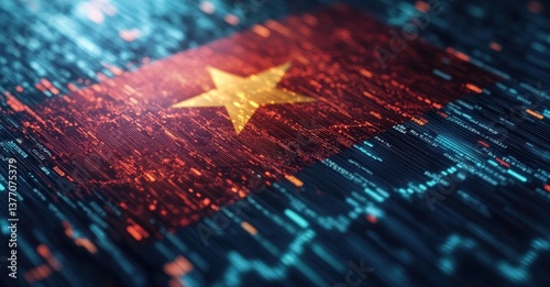 Digital Vietnamese flag in a futuristic matrix of data and technology.