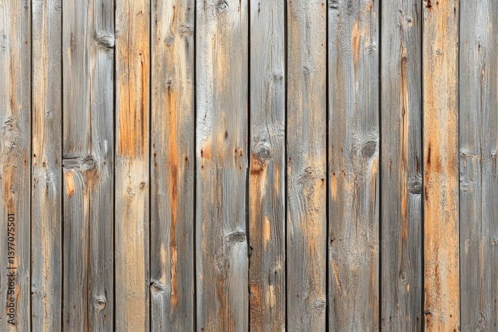Naklejka premium Weathered wood planks forming a wall. Vertical, close-up view of aged wooden panels. Natural tones of gray and beige, with visible textures and imperfections