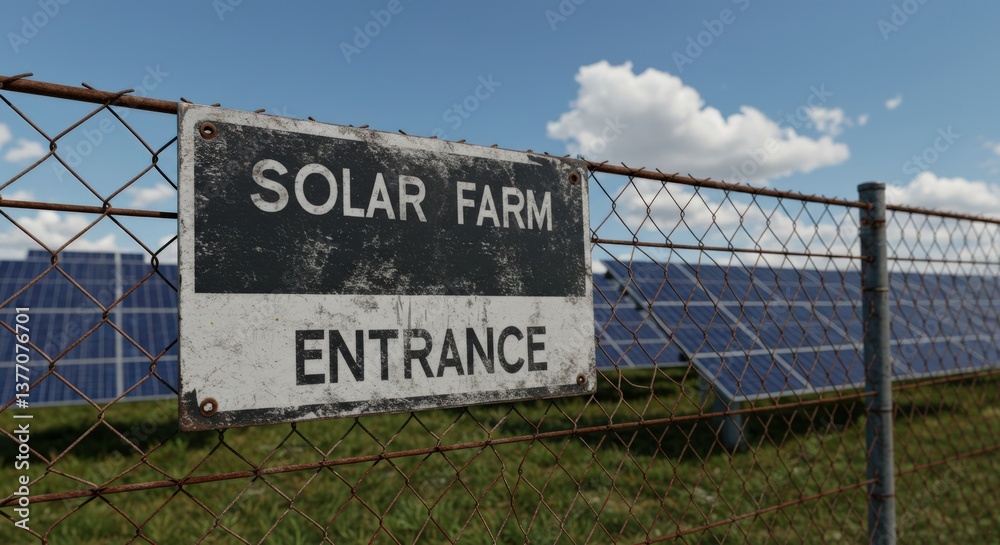 Obraz premium Entrance Sign of a Solar Farm Surrounded by Photovoltaic Panels on a Sunny Day