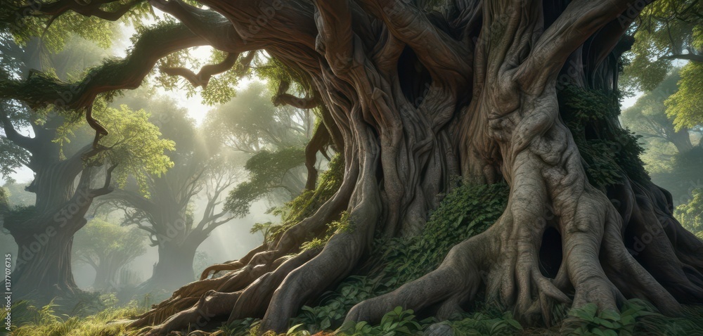 Dense foliage and vines surround ancient tree trunk, tree roots, tropical plants, water fall Dense foliage and vines surround ancient tree trunk, tree roots, tropical plants, water fall