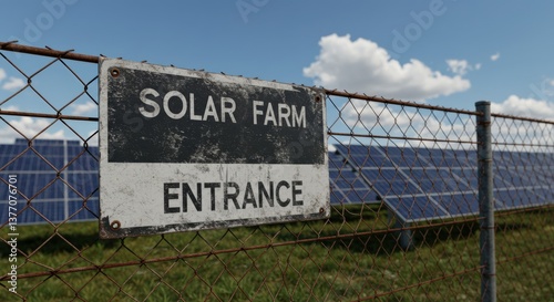 Entrance Sign of a Solar Farm Surrounded by Photovoltaic Panels on a Sunny Day