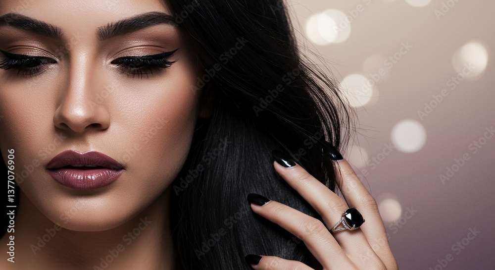 Fototapeta premium Closeup Portrait Of Woman With Dark Hair And Dramatic Makeup