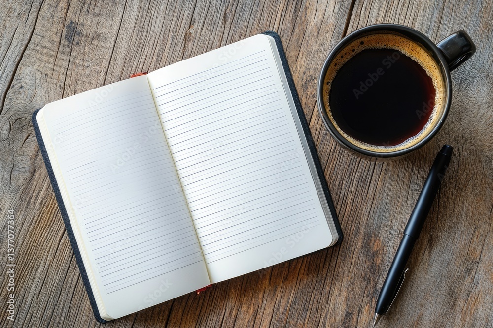 Open notebook, coffee, and pen on a wooden table Open notebook, coffee, and pen on a wooden table