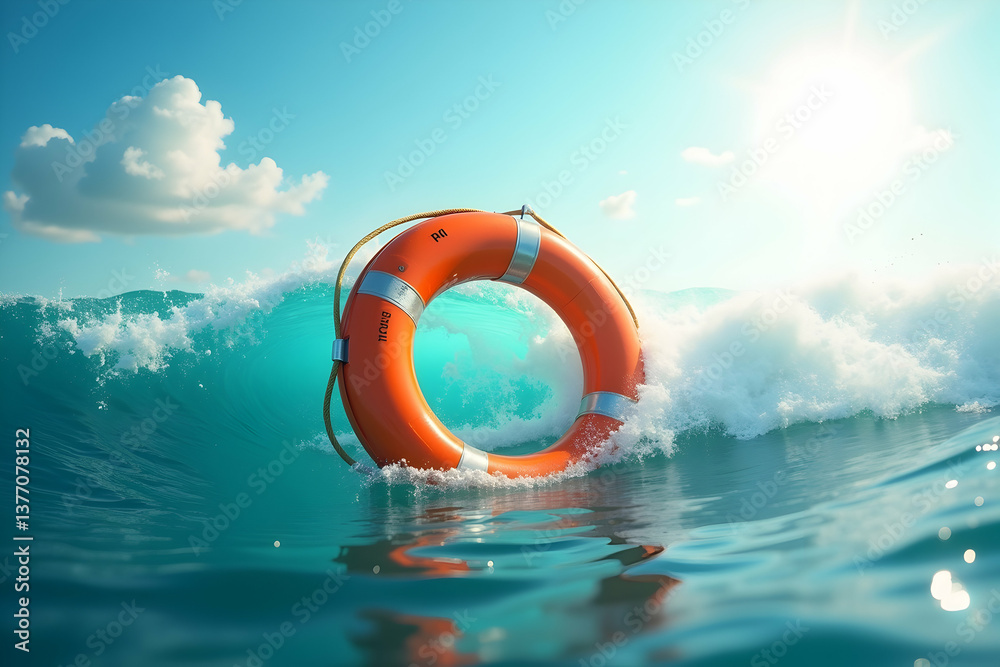 An orange lifeguard rescue buoy bobs serenely atop a vibrant turquoise wave, the sun shining brightly in the sky, evoking feelings of safety and vacation