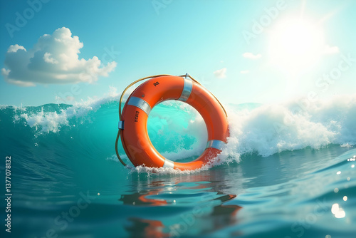 Obraz na płótnie An orange lifeguard rescue buoy bobs serenely atop a vibrant turquoise wave, the sun shining brightly in the sky, evoking feelings of safety and vacation w salonie