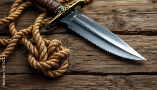 Dagger and Knotted Rope Symbolizing Gordian Knot on Wood