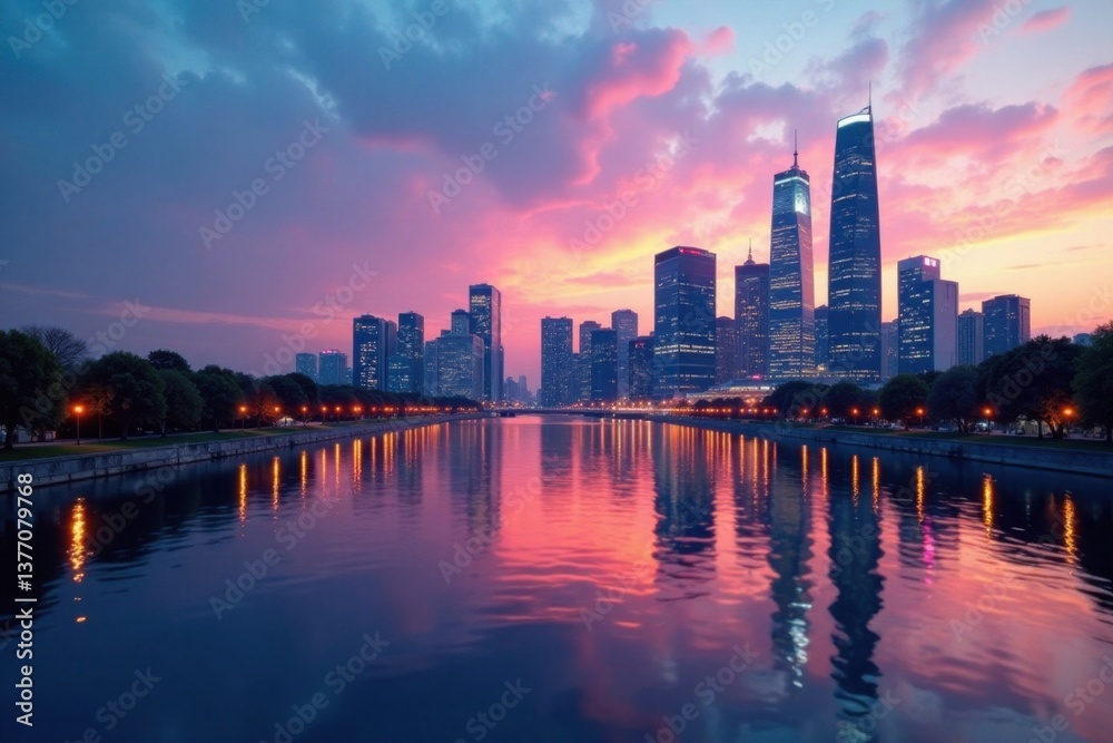 Fototapeta premium A serene cityscape at dusk with skyscrapers and a river in the background , architecture, #cityscape