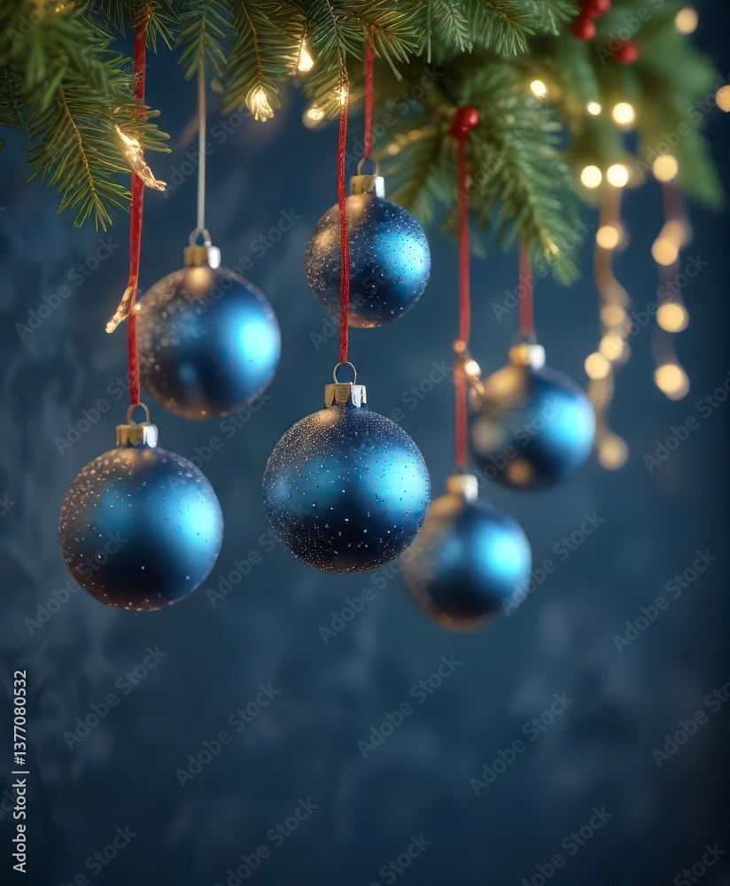 Hanging Christmas ornaments with festive lights on blue background, Winter, Decorations, Ornaments Hanging Christmas ornaments with festive lights on blue background, Winter, Decorations, Ornaments