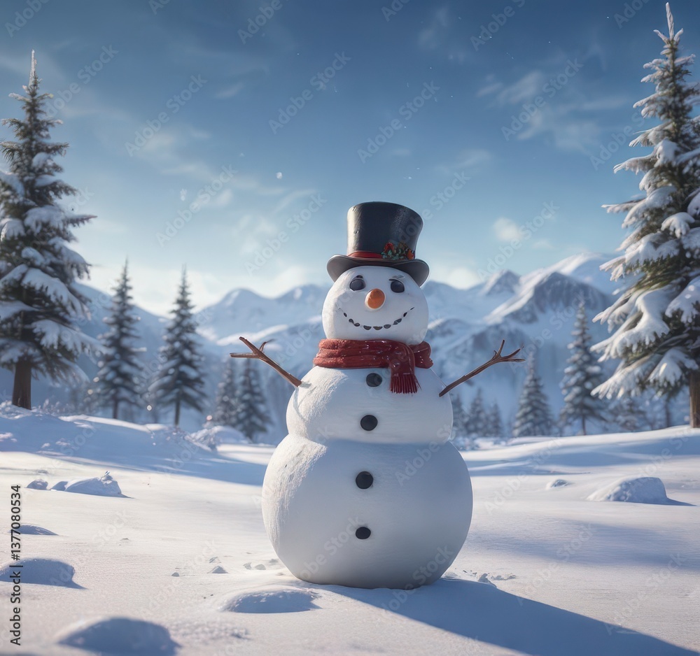 Fototapeta premium Happy snowman standing alone in a winter wonderland with open space, snowy background, peaceful environment, frosty landscape