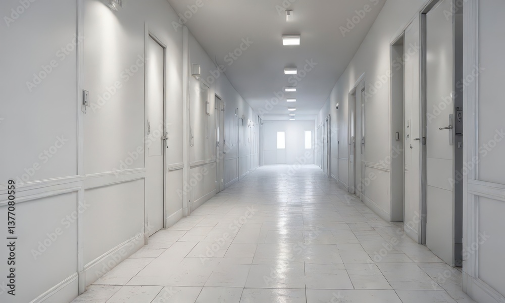Hazy corridors with white linoleum floors and metal doors, metal , corridor , abstract Hazy corridors with white linoleum floors and metal doors, metal , corridor , abstract