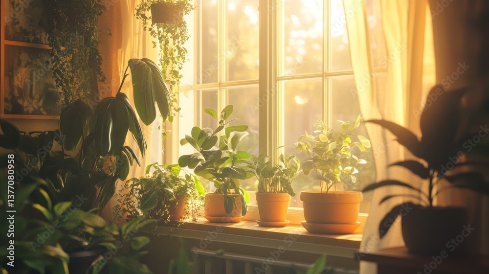 Plants in Pots by Window with Sunlight Streaming Through Curtains Plants in Pots by Window with Sunlight Streaming Through Curtains