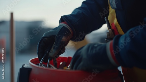 A construction worker preparing tools for the day's work. Featuring organization and efficiency