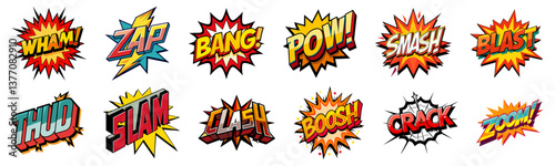 A set of comic book style sound effect illustrations with various onomatopoeia words and explosive designs.