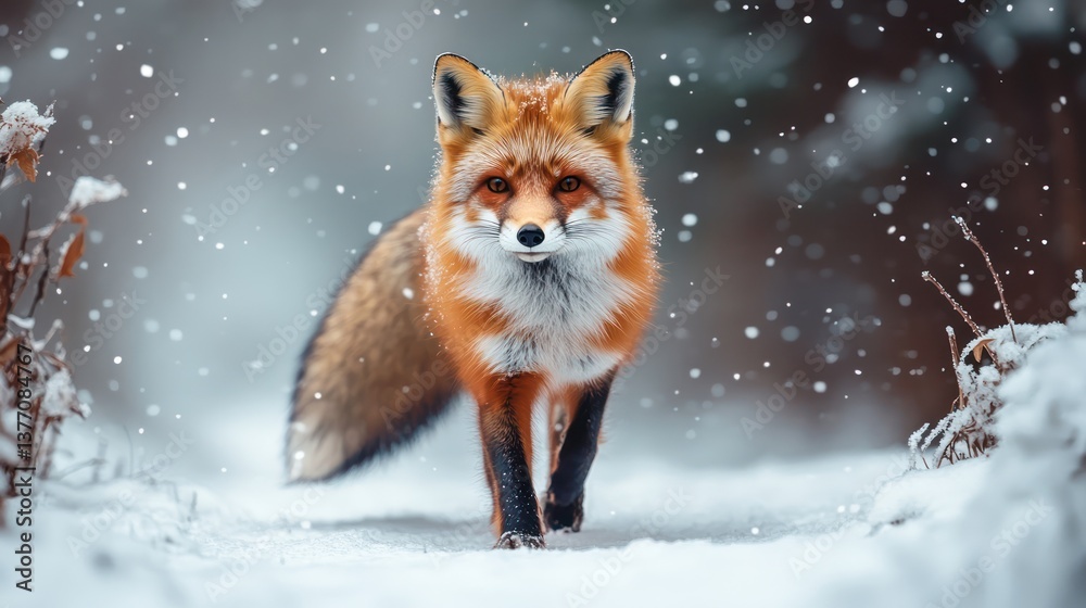 Fototapeta premium Red fox walking snowy forest path, snowfall background, wildlife nature photography