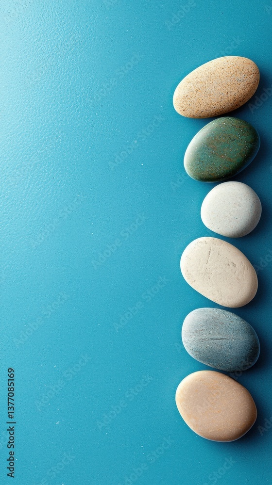 A minimalist arrangement of smooth stones in various colors on a vibrant turquoise background. A minimalist arrangement of smooth stones in various colors on a vibrant turquoise background.
