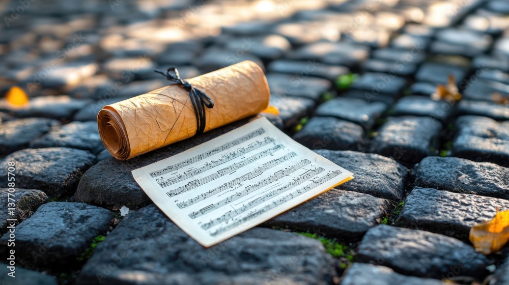 A weathered and tattered golden note or document mounted against a backdrop of dark, aged bricks, creating a vintage, industrial-inspired aesthetic.