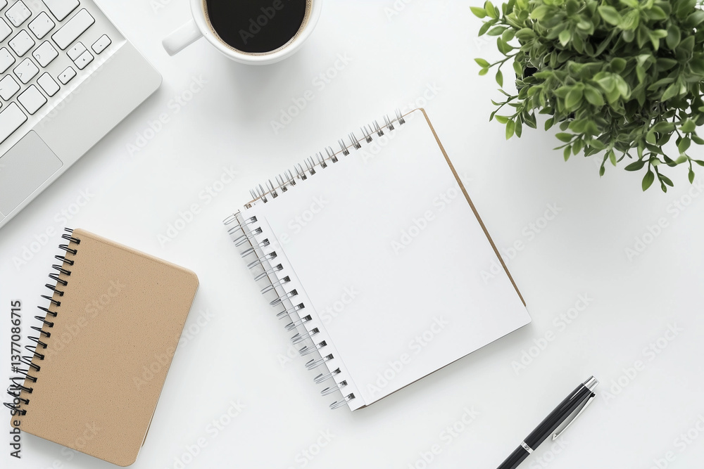 Notebooks, Coffee, and Plant on Minimalist Desk