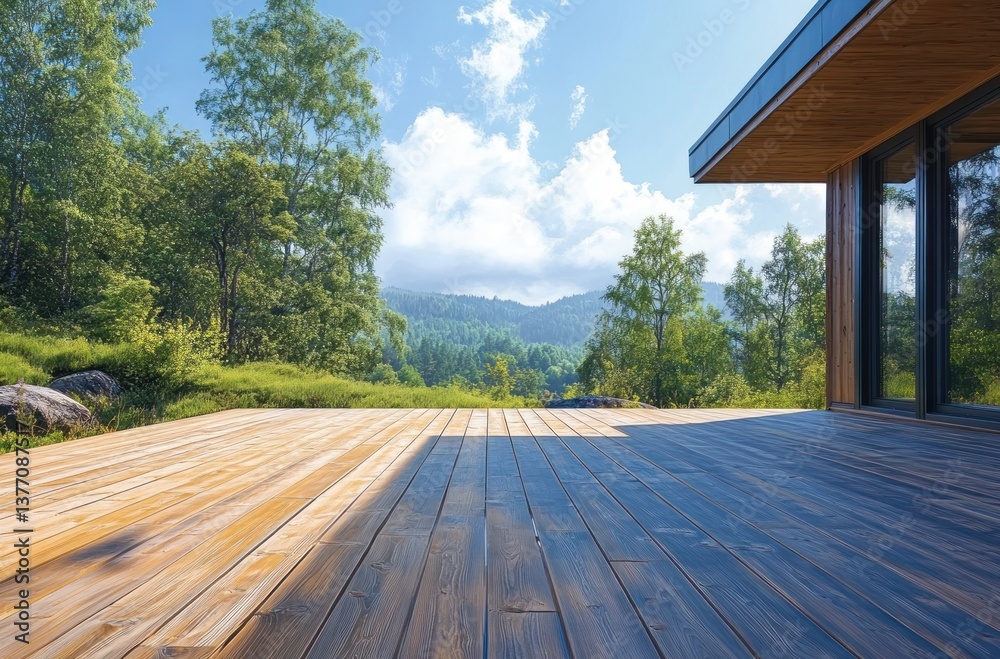 Wooden Cabin with Deck in Lush Forest Under Blue Sky Wooden Cabin with Deck in Lush Forest Under Blue Sky