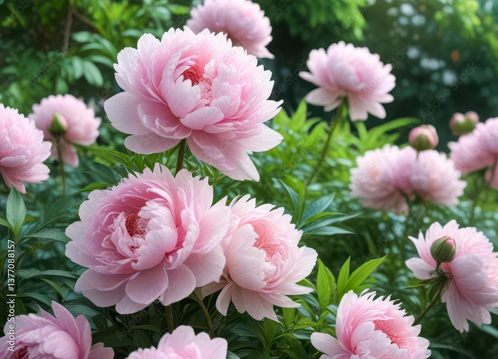 Fototapeta premium Soft pink peonies in a garden with pastel blue flowers and greenery, floral arrangement, flower power, peaceful atmosphere
