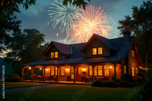 Charming countryside home illuminated by festive fireworks, evoking a sense of celebration and tranquility in a picturesque setting, perfect for creating a magical ambiance photo