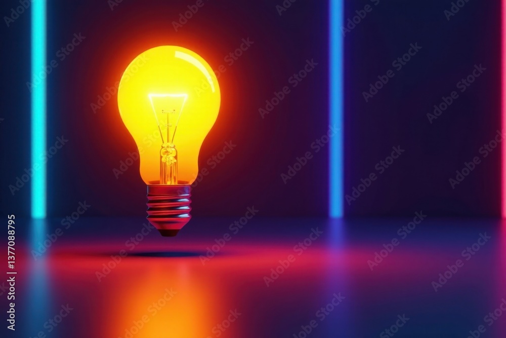 Bright glowing yellow light bulb hovering above a minimalist background, surrounded by vibrant energy and neon lines , illumination, futuristic Bright glowing yellow light bulb hovering above a minimalist background, surrounded by vibrant energy and neon lines , illumination, futuristic