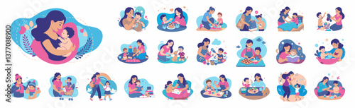 A collection of small, colorful illustrations depicting mothers and children in various loving and nurturing scenarios.