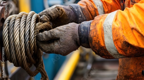 Worker Hands Holding Steel Cable Winding for Industrial Lifting Operation