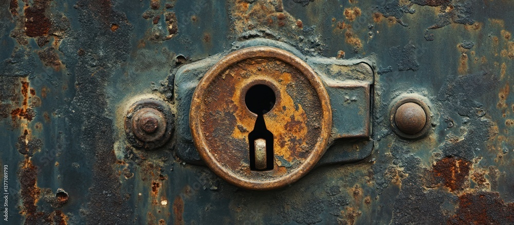 Rusty keyhole on aged metallic surface Rusty keyhole on aged metallic surface