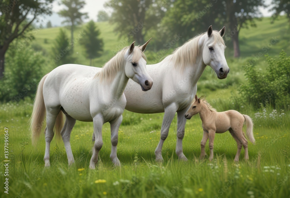 Unicorn Mare and Foal grazing in lush green meadow,  unicorn,  forest,  animals