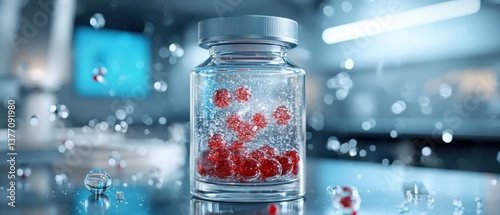 Team of scientists working in a laboratory, carrying out various experiments and analyses using glass vials, beakers, and chemical solutions.