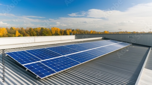 Solar panels installed on a rooftop with a clear sky backdrop.