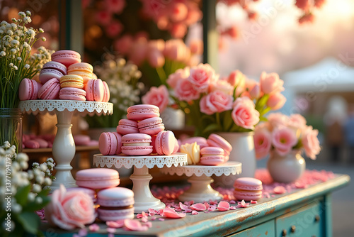 Wallpaper Mural Delicate Pastel Macarons and Floral Arrangements Create a Charming Scene at an Outdoor Spring Blossom Festival Market Stall Displaying Culinary Treats Torontodigital.ca