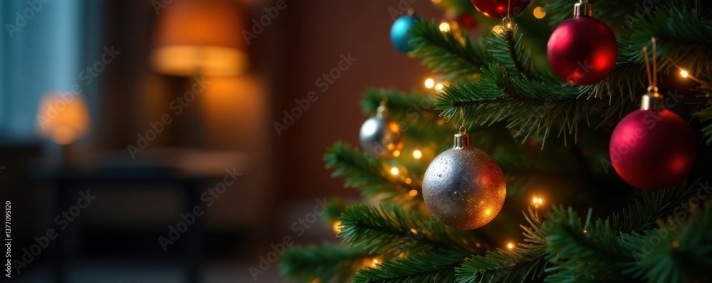 Christmas tree with ornaments and twinkling lights, tree, decorations Christmas tree with ornaments and twinkling lights, tree, decorations