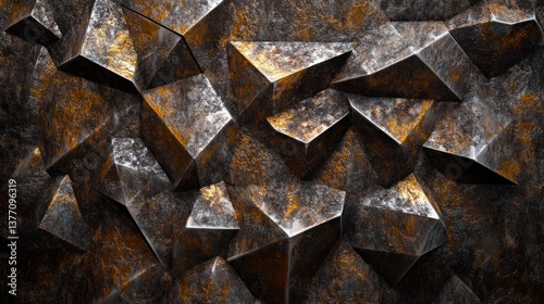 Dark, metallic, geometric texture; rough, angular, and oxidized surface