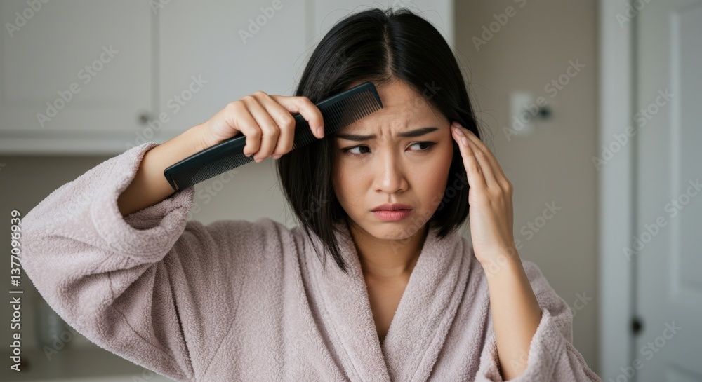 Fototapeta premium A young Asian woman in a bathrobe struggles with her hair straightener in a modern bathroom environment, displaying frustration and determination in her expression.