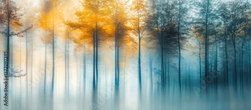 Misty autumn forest, blurred trees, golden and blue hues
