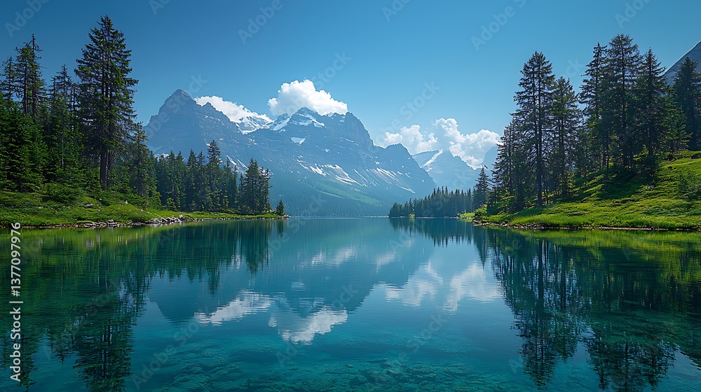 Fototapeta premium Calm mountain lake reflecting snow-capped peaks under a vibrant blue sky.