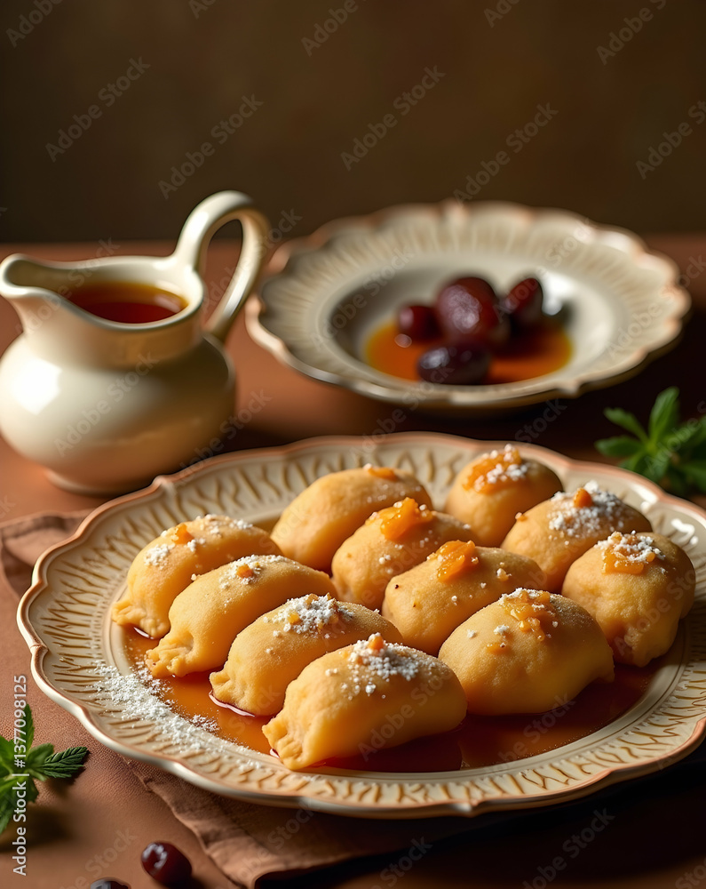 Delightful Dumplings, A Warm Golden-Hued Tray Showcasing an Assortment of Filled Dumplings, Drizzled with Syrup and Topped with Powdered Sugar and a Side of Caramelized Fruits Delightful Dumplings, A Warm Golden-Hued Tray Showcasing an Assortment of Filled Dumplings, Drizzled with Syrup and Topped with Powdered Sugar and a Side of Caramelized Fruits