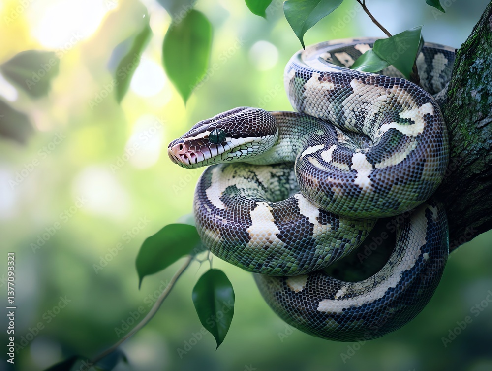 Ball Python Resting on Tree Branch with Bokeh Background in Nature Ball Python Resting on Tree Branch with Bokeh Background in Nature
