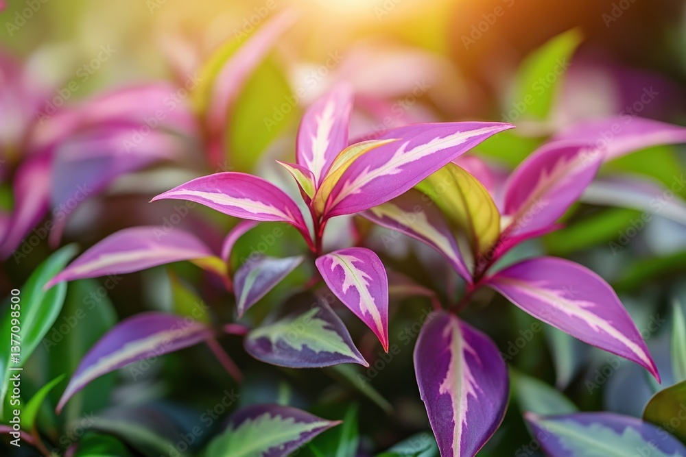 Vibrant purple and green foliage basking in warm, natural sunlight. Vibrant purple and green foliage basking in warm, natural sunlight.
