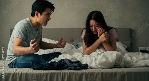 A Disturbing Intimate Conflict Between a Young Asian Couple in Their Bedroom, Highlighting Emotional Distress and Escalating Tension