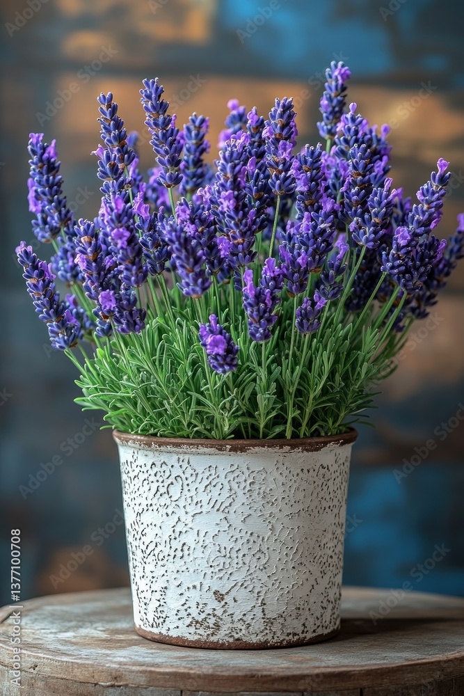 Fototapeta premium Lavender Rustic Still Life Bouquet in Metal Pot with Brick Wall Background