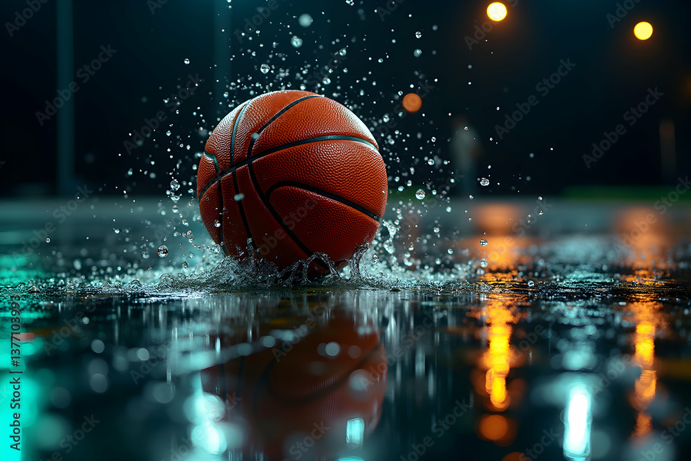 Dynamic Basketball Moment, A High-Definition Shot of a Ball Splashing in Water, Capturing the Essence of Sport, Motion, and Dramatic Atmospheric Conditions Dynamic Basketball Moment, A High-Definition Shot of a Ball Splashing in Water, Capturing the Essence of Sport, Motion, and Dramatic Atmospheric Conditions