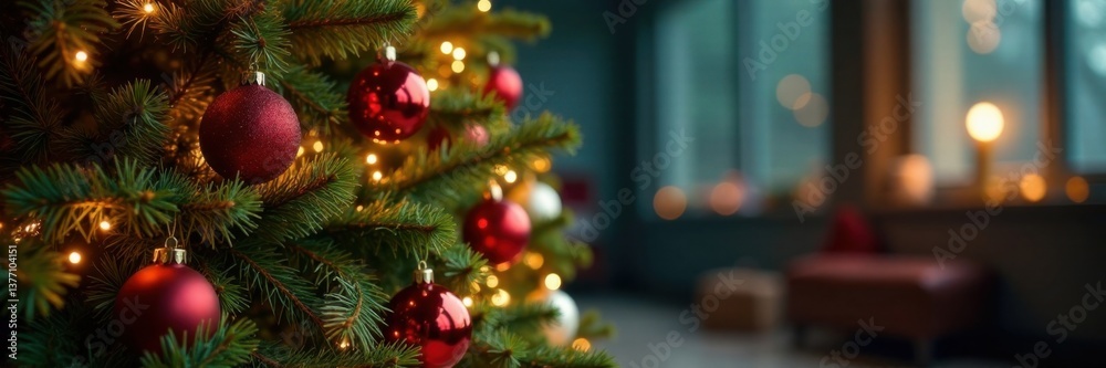 Cozy Christmas tree with ornaments and garlands , tree, snowflake Cozy Christmas tree with ornaments and garlands , tree, snowflake